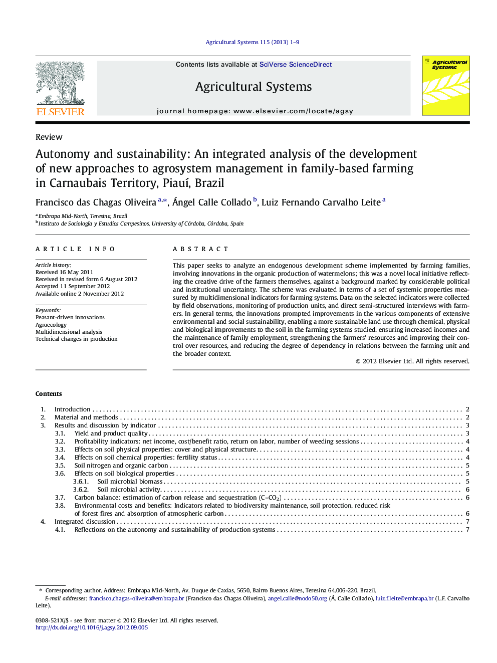 Autonomy and sustainability: An integrated analysis of the development of new approaches to agrosystem management in family-based farming in Carnaubais Territory, Piauí, Brazil