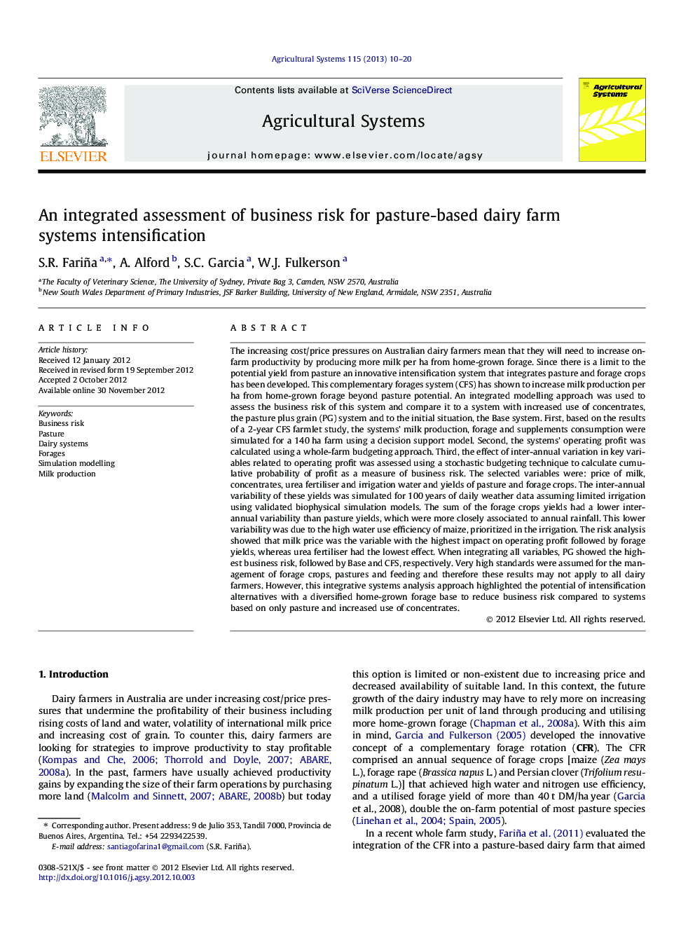 An integrated assessment of business risk for pasture-based dairy farm systems intensification