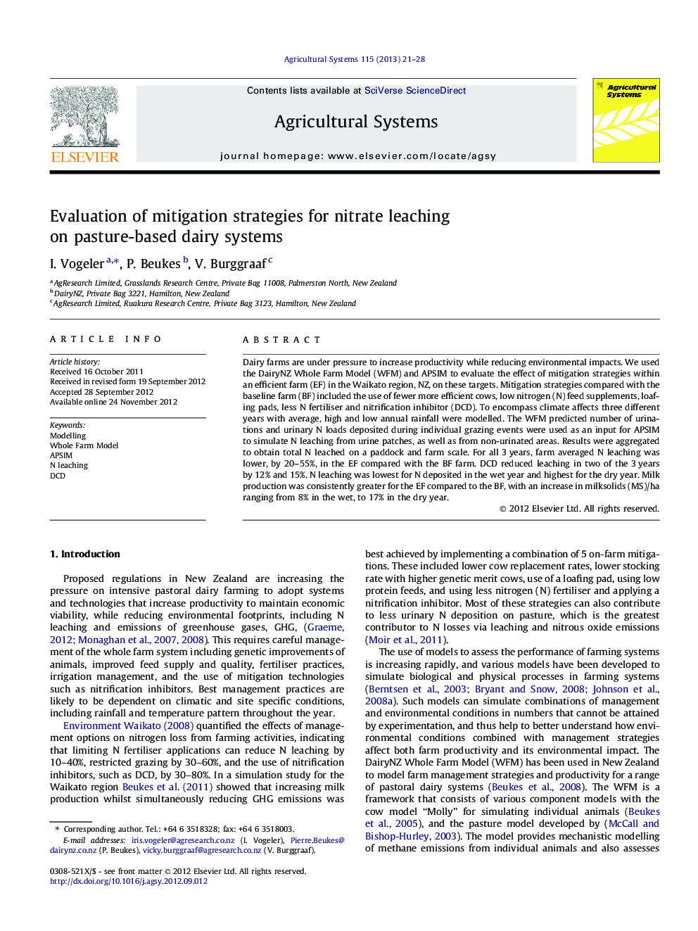 Evaluation of mitigation strategies for nitrate leaching on pasture-based dairy systems