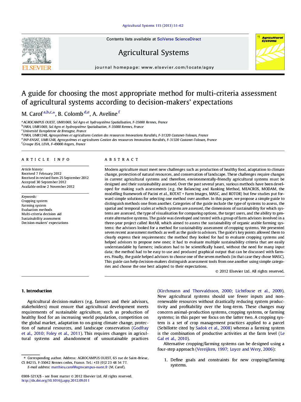 A guide for choosing the most appropriate method for multi-criteria assessment of agricultural systems according to decision-makers’ expectations