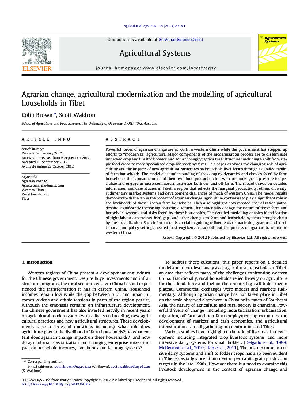 Agrarian change, agricultural modernization and the modelling of agricultural households in Tibet