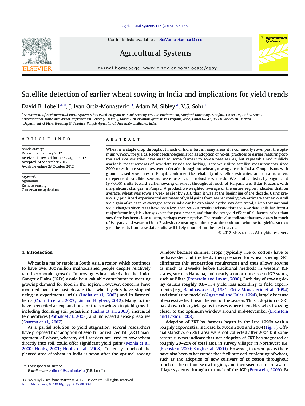 Satellite detection of earlier wheat sowing in India and implications for yield trends