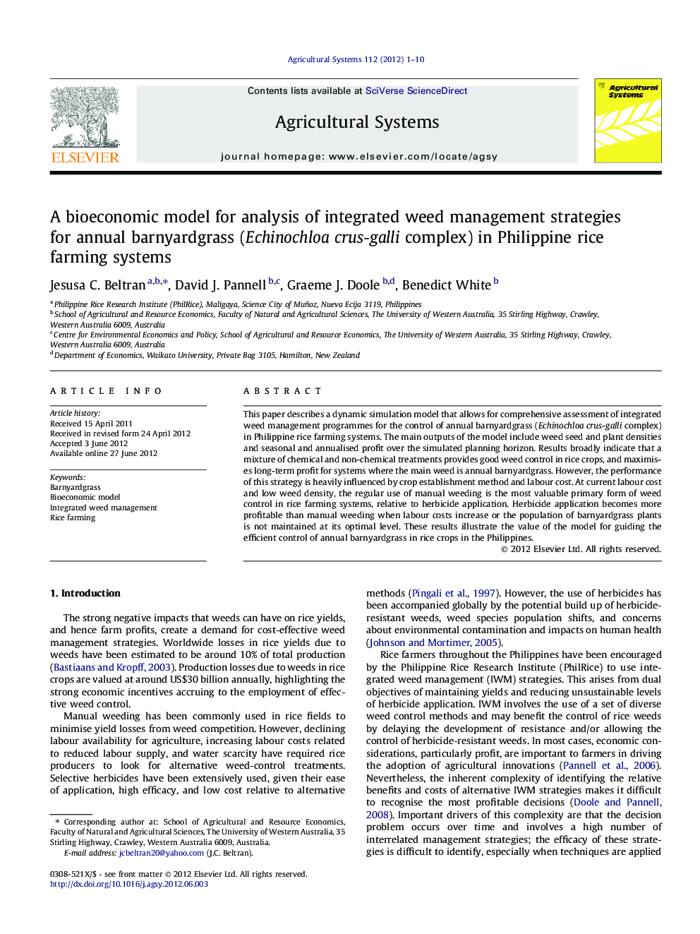 A bioeconomic model for analysis of integrated weed management strategies for annual barnyardgrass (Echinochloa crus-galli complex) in Philippine rice farming systems
