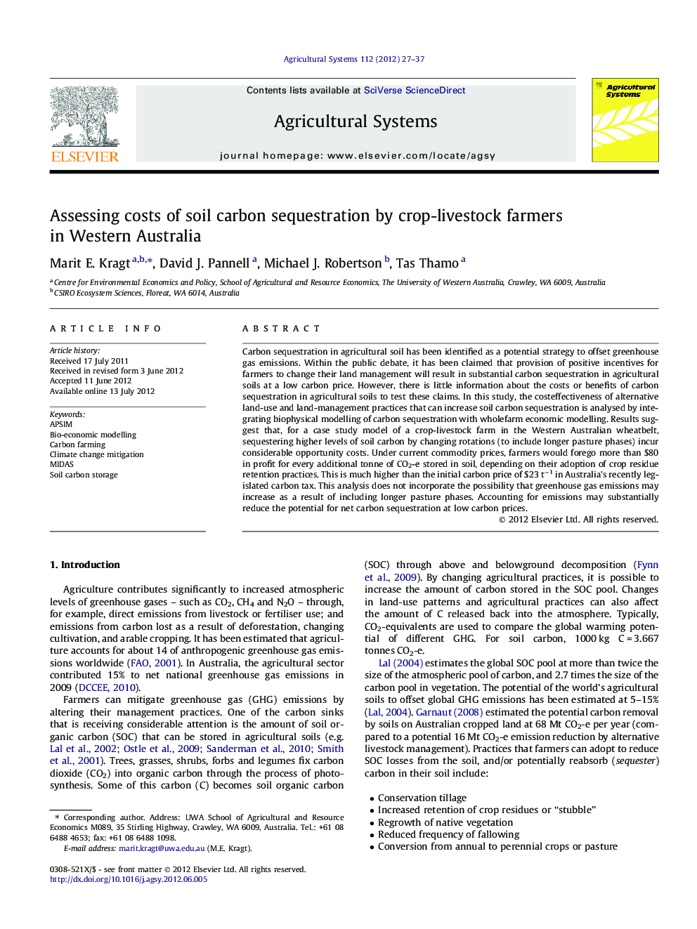 Assessing costs of soil carbon sequestration by crop-livestock farmers in Western Australia