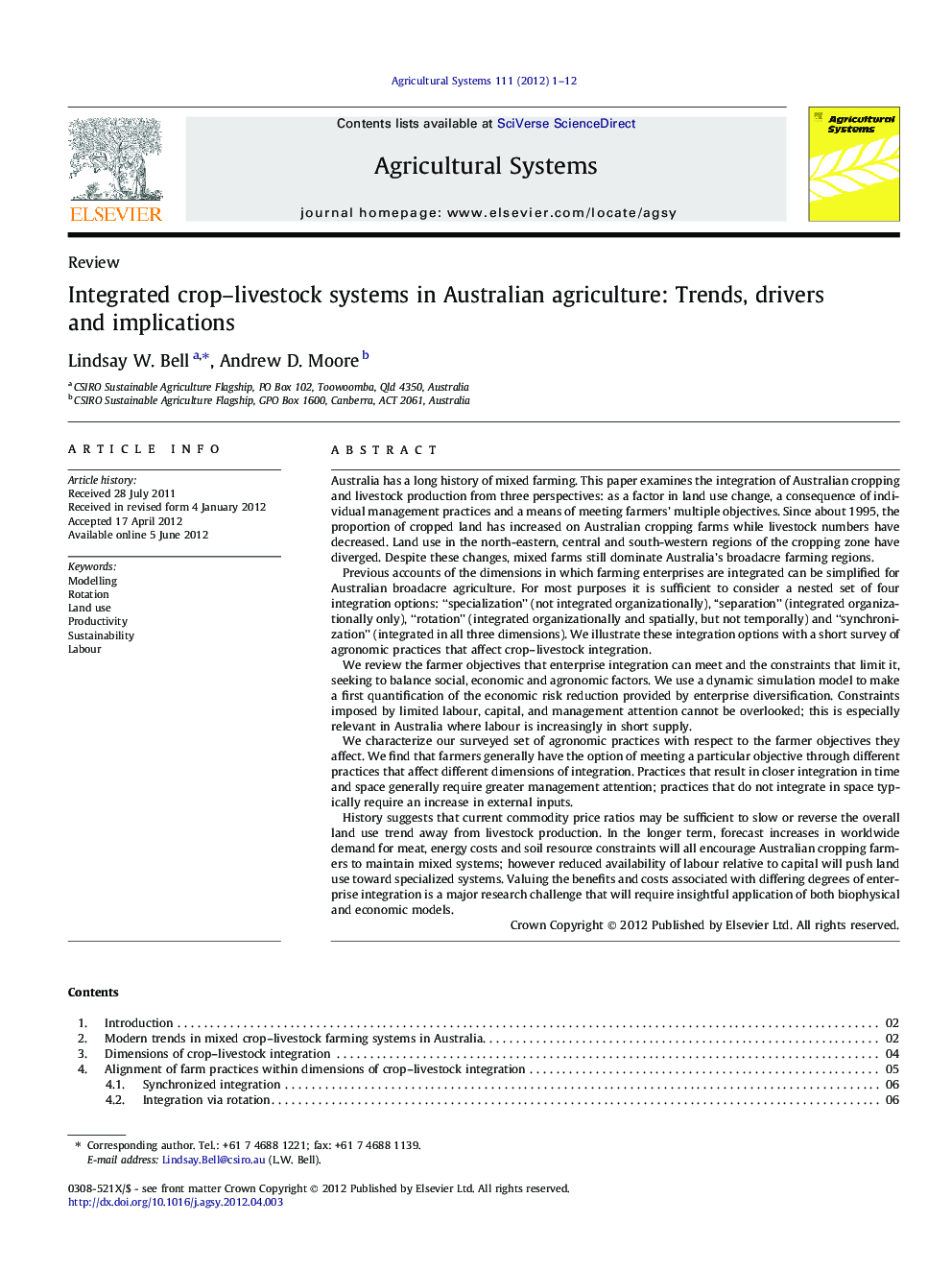 Integrated crop–livestock systems in Australian agriculture: Trends, drivers and implications