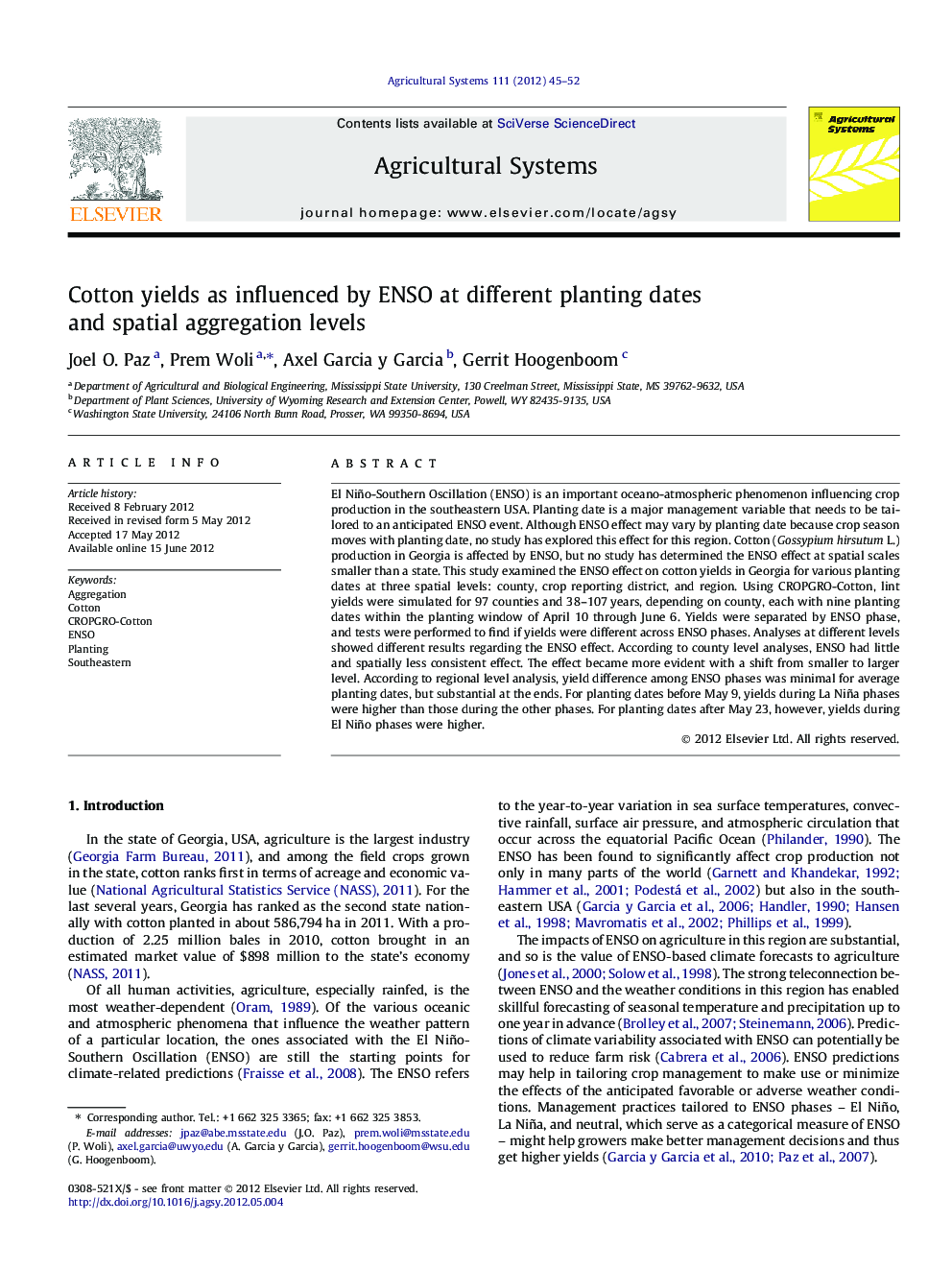 Cotton yields as influenced by ENSO at different planting dates and spatial aggregation levels