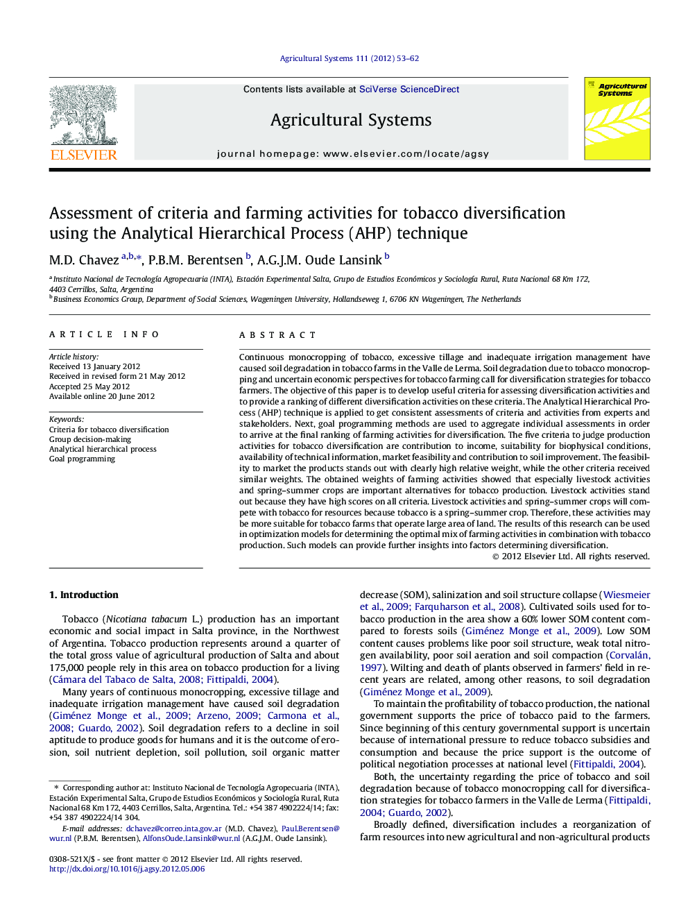 Assessment of criteria and farming activities for tobacco diversification using the Analytical Hierarchical Process (AHP) technique