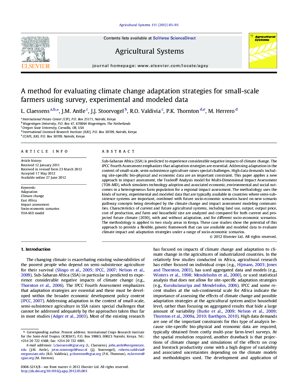 A method for evaluating climate change adaptation strategies for small-scale farmers using survey, experimental and modeled data