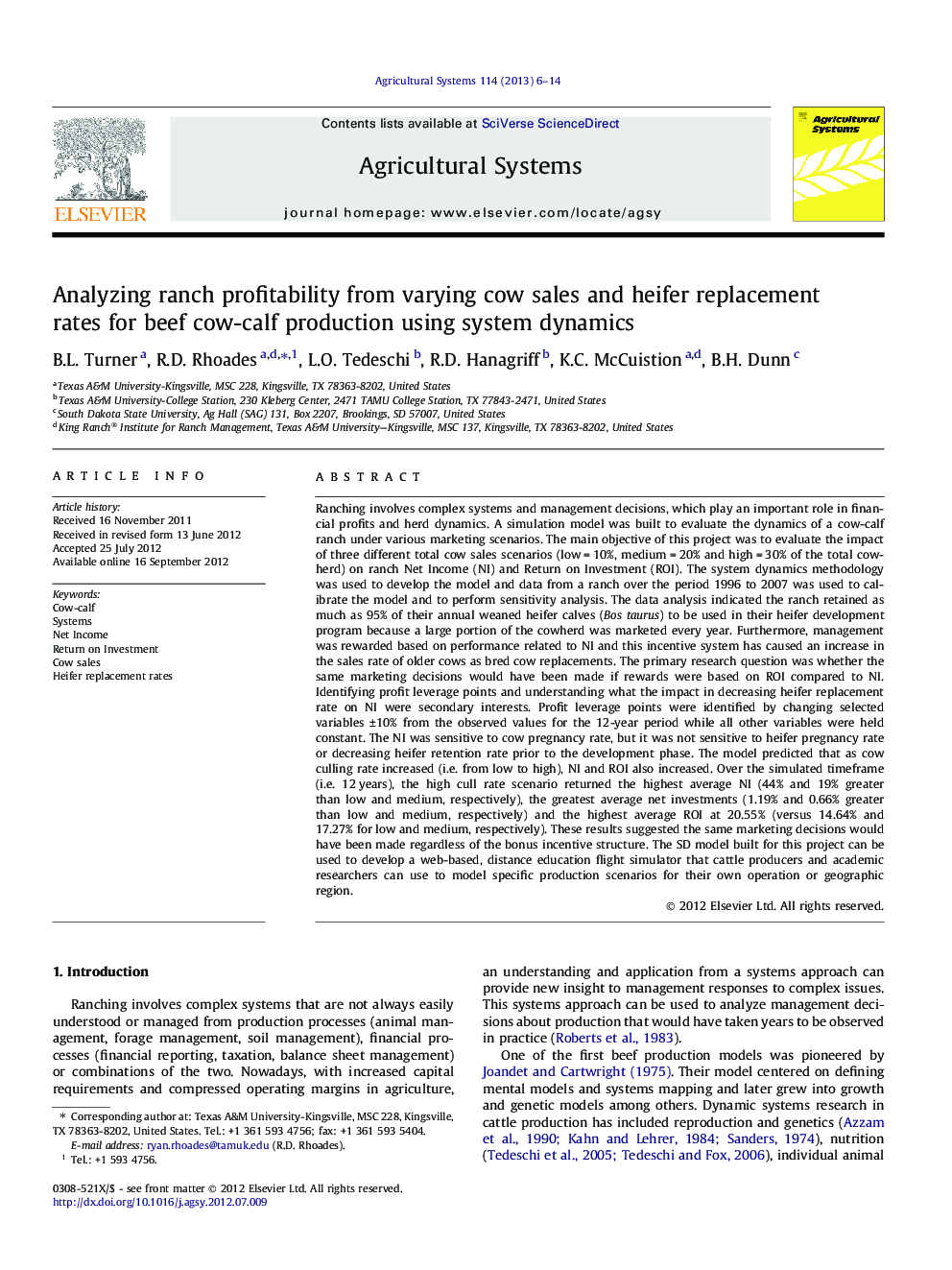 Analyzing ranch profitability from varying cow sales and heifer replacement rates for beef cow-calf production using system dynamics