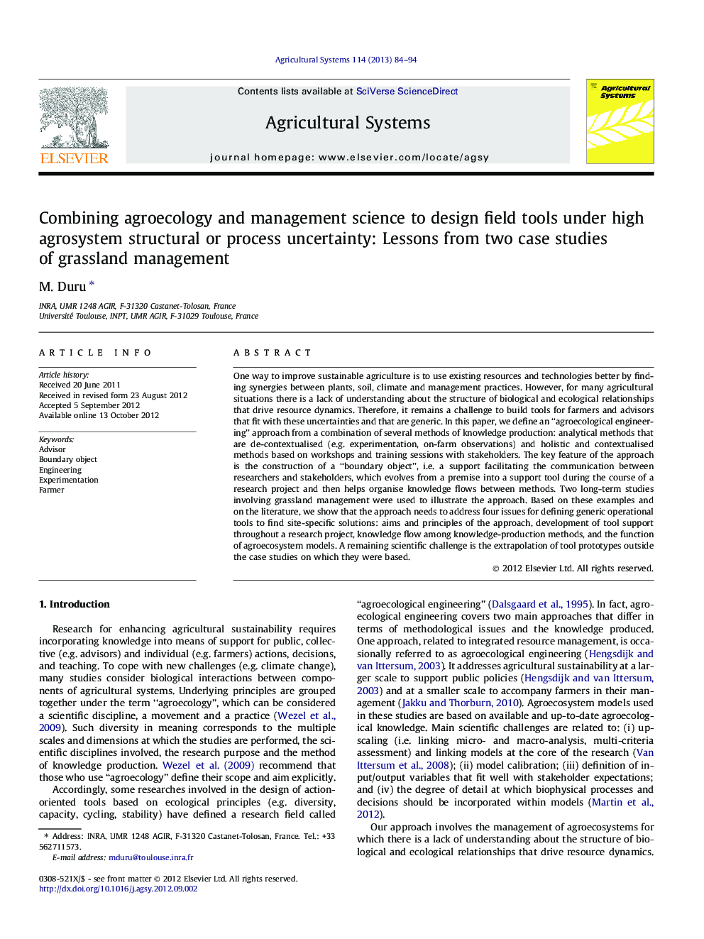 Combining agroecology and management science to design field tools under high agrosystem structural or process uncertainty: Lessons from two case studies of grassland management