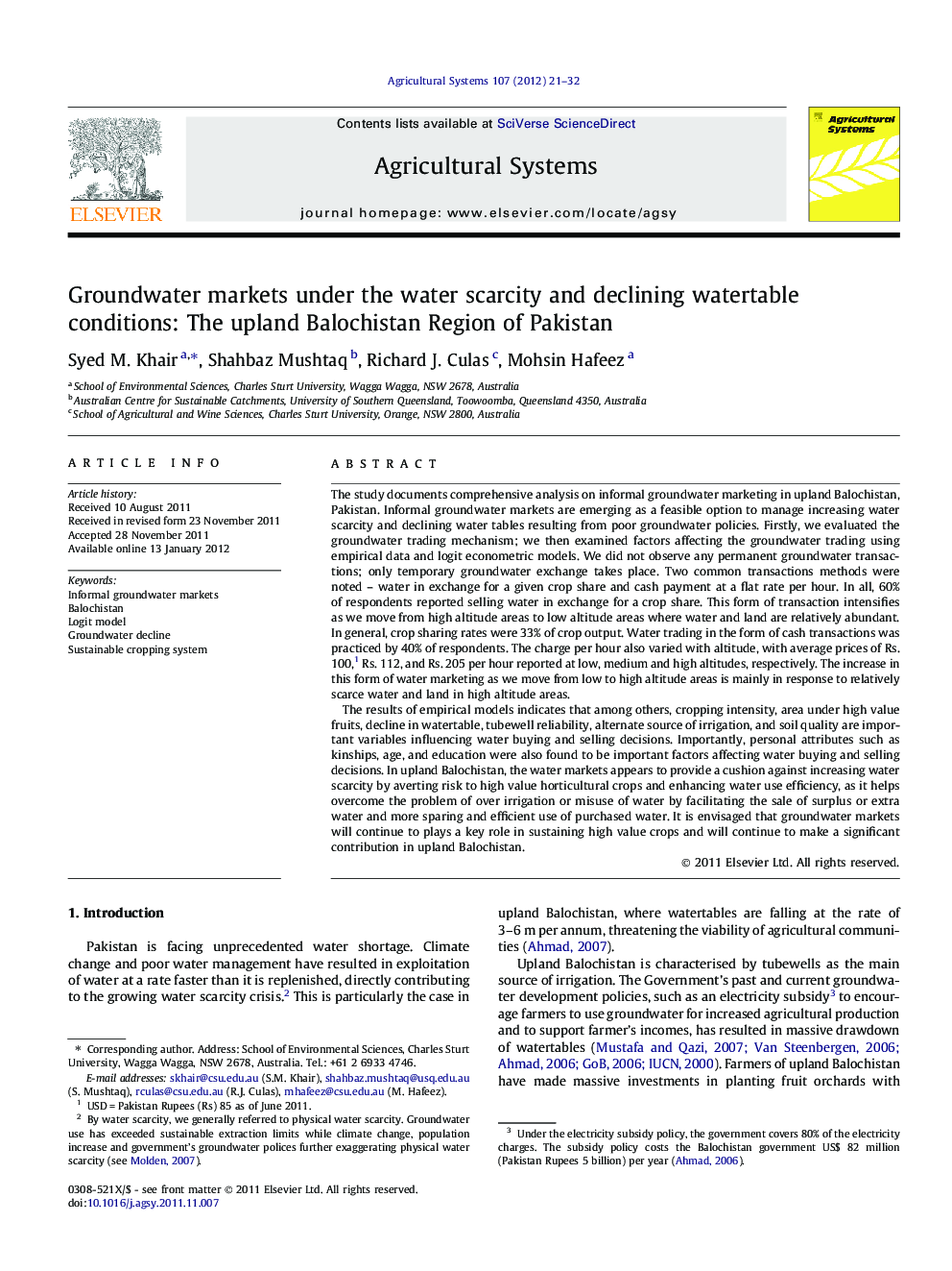 Groundwater markets under the water scarcity and declining watertable conditions: The upland Balochistan Region of Pakistan