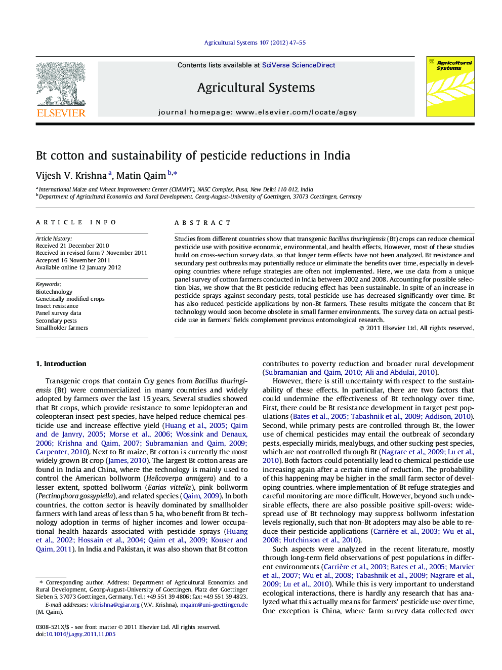 Bt cotton and sustainability of pesticide reductions in India