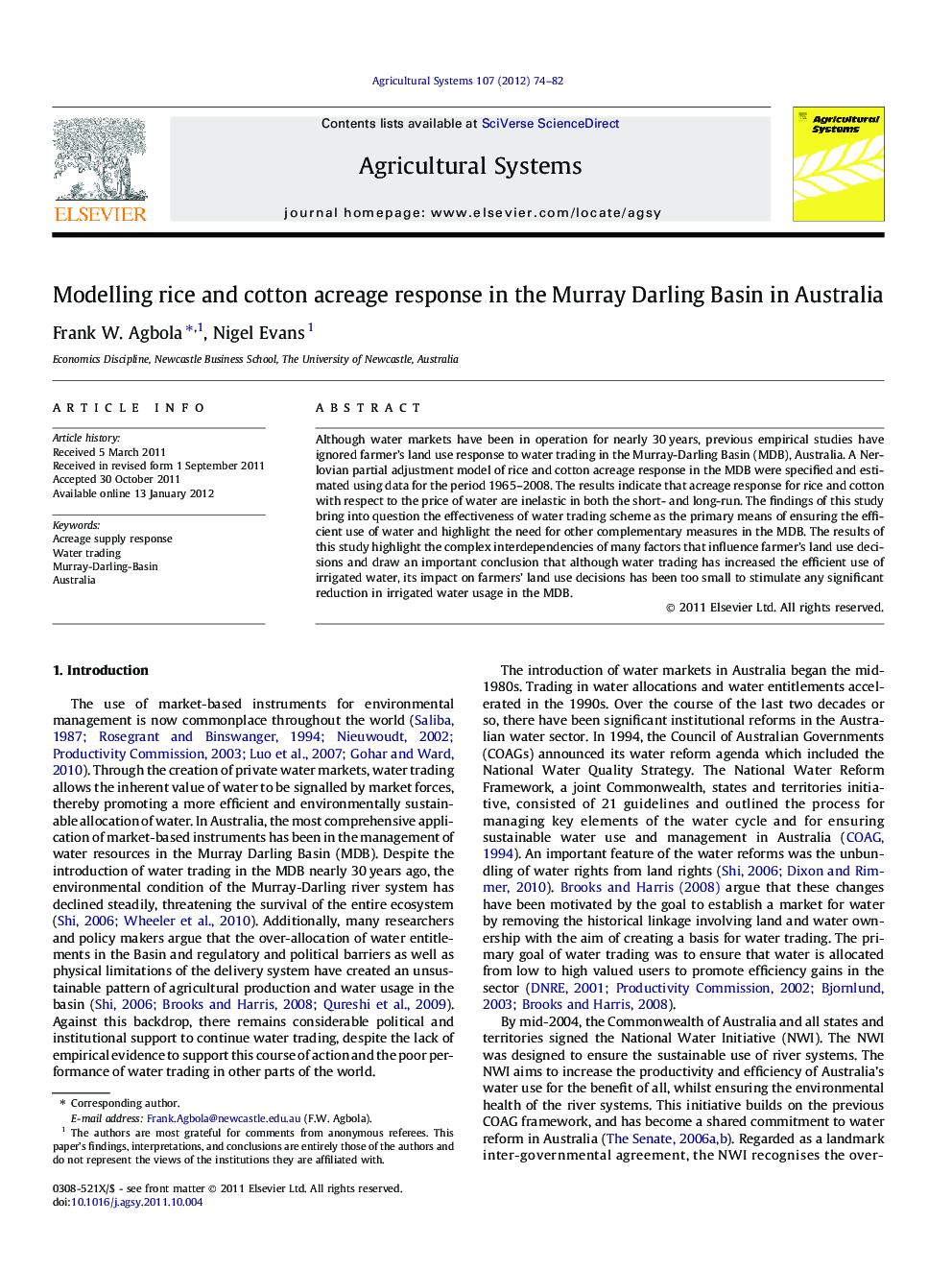Modelling rice and cotton acreage response in the Murray Darling Basin in Australia