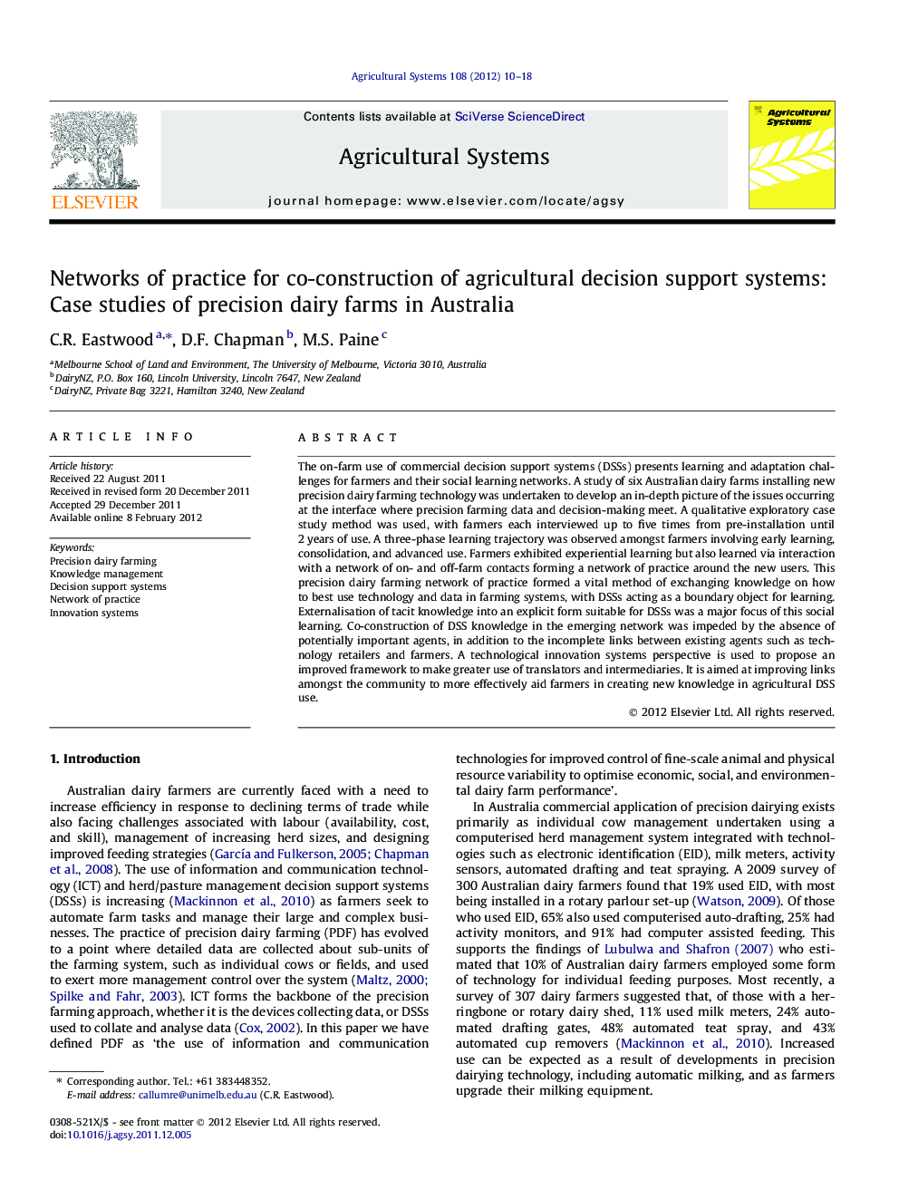 Networks of practice for co-construction of agricultural decision support systems: Case studies of precision dairy farms in Australia