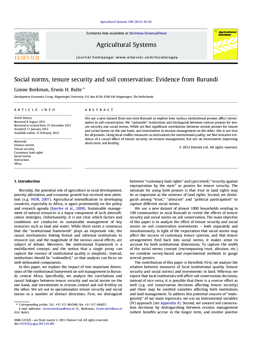 Social norms, tenure security and soil conservation: Evidence from Burundi