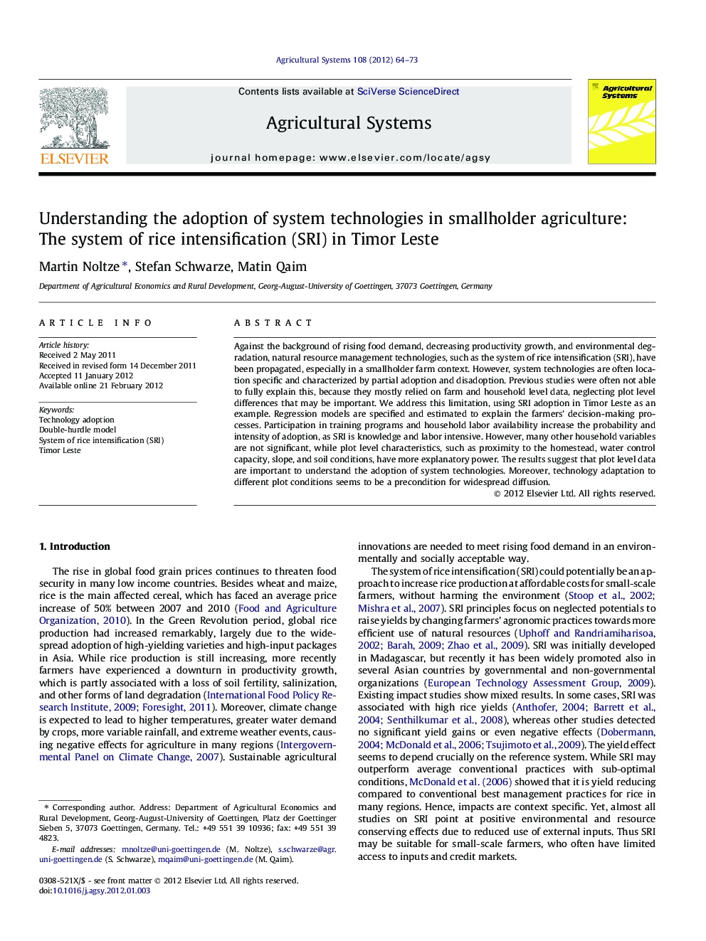 Understanding the adoption of system technologies in smallholder agriculture: The system of rice intensification (SRI) in Timor Leste