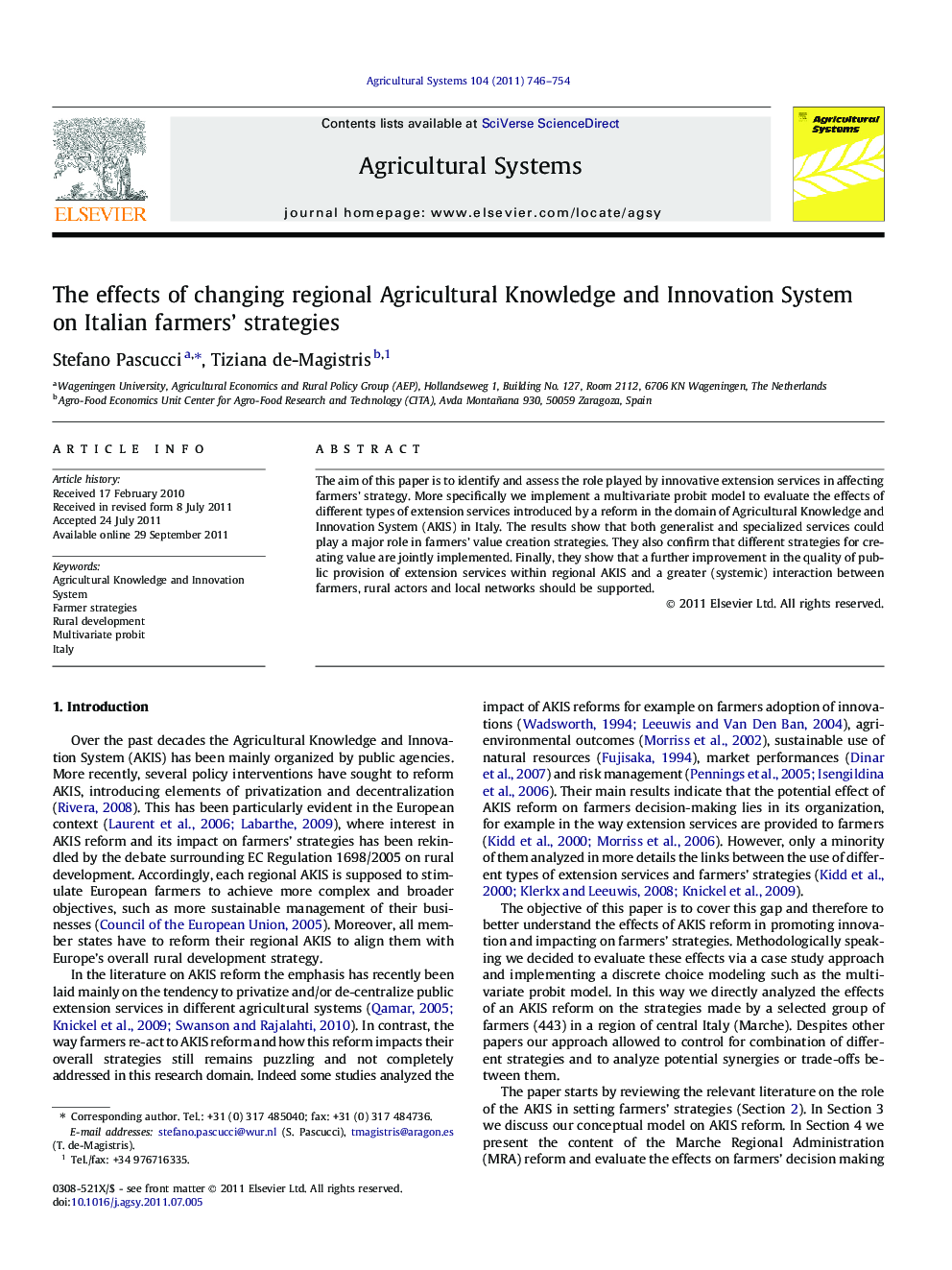 The effects of changing regional Agricultural Knowledge and Innovation System on Italian farmers’ strategies