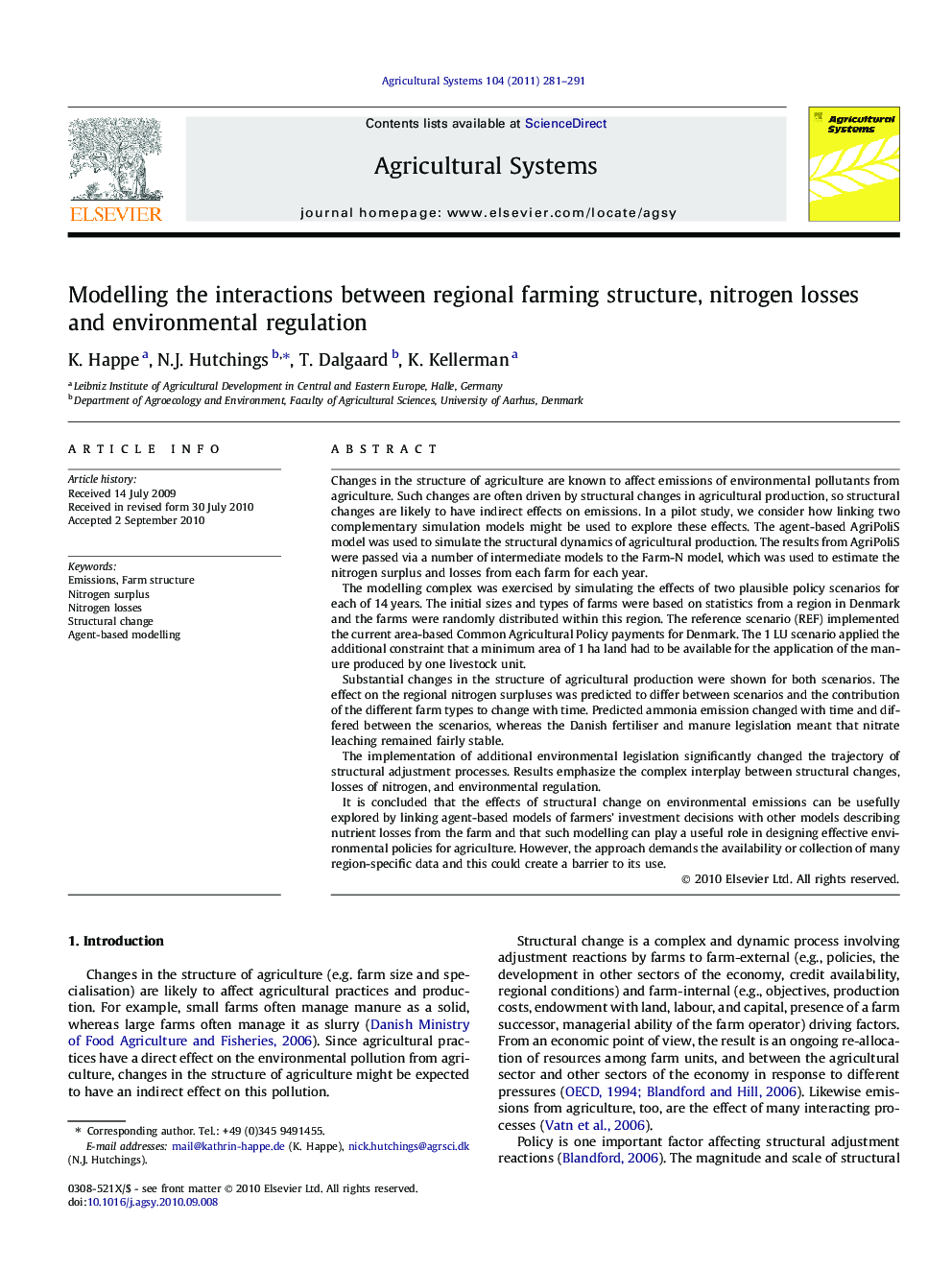 Modelling the interactions between regional farming structure, nitrogen losses and environmental regulation