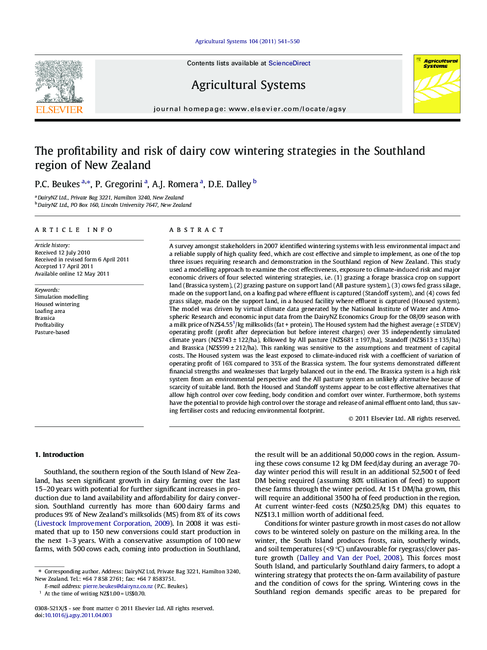 The profitability and risk of dairy cow wintering strategies in the Southland region of New Zealand