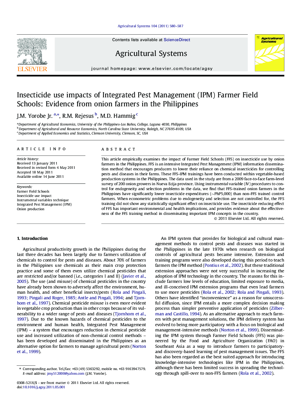 Insecticide use impacts of Integrated Pest Management (IPM) Farmer Field Schools: Evidence from onion farmers in the Philippines