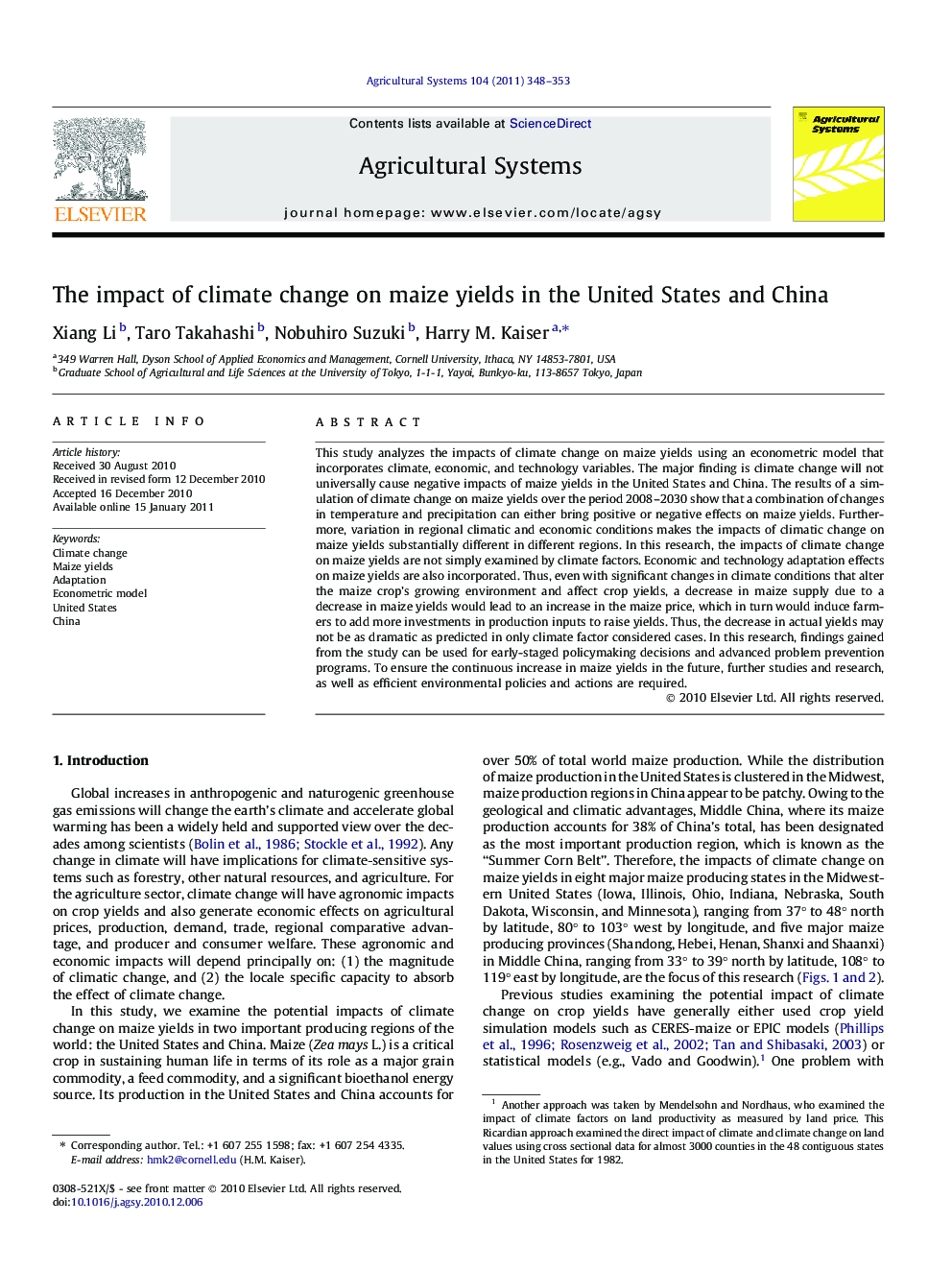 The impact of climate change on maize yields in the United States and China