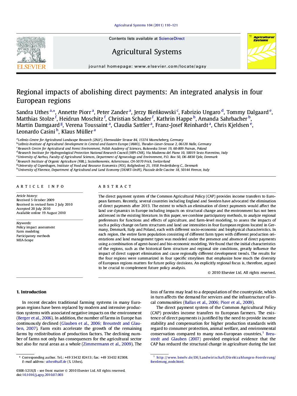 Regional impacts of abolishing direct payments: An integrated analysis in four European regions