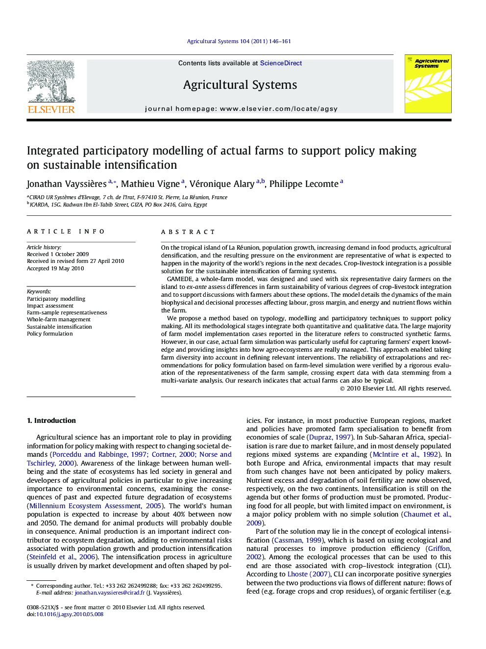 عکس صفحه اول مقاله: Integrated participatory modelling of actual farms to support policy making on sustainable intensification Integrated participatory modelling of actual farms to support policy making on sustainable intensification