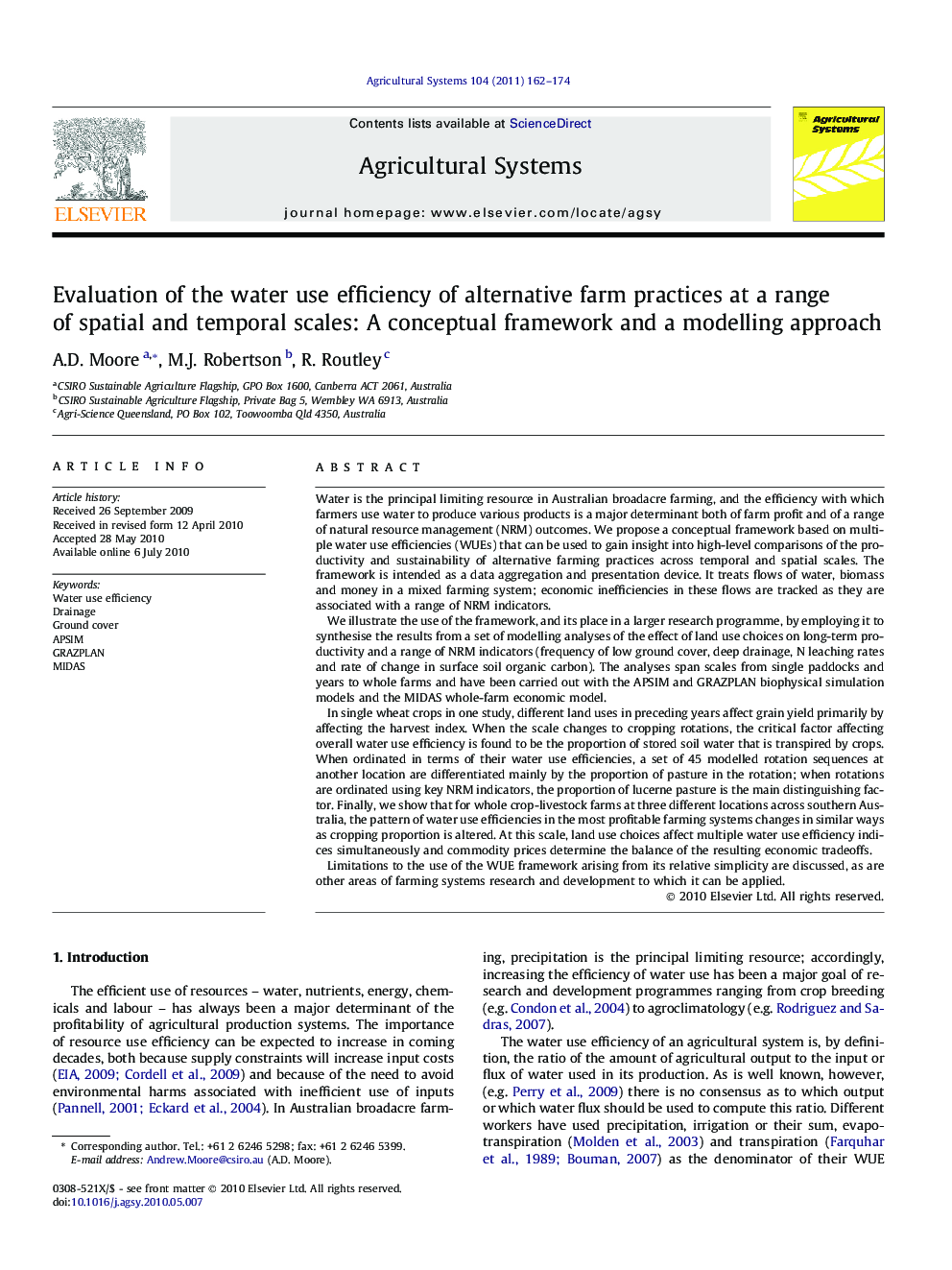 Evaluation of the water use efficiency of alternative farm practices at a range of spatial and temporal scales: A conceptual framework and a modelling approach