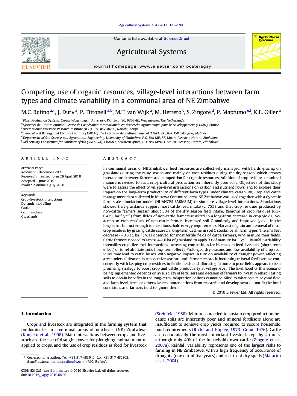 Competing use of organic resources, village-level interactions between farm types and climate variability in a communal area of NE Zimbabwe