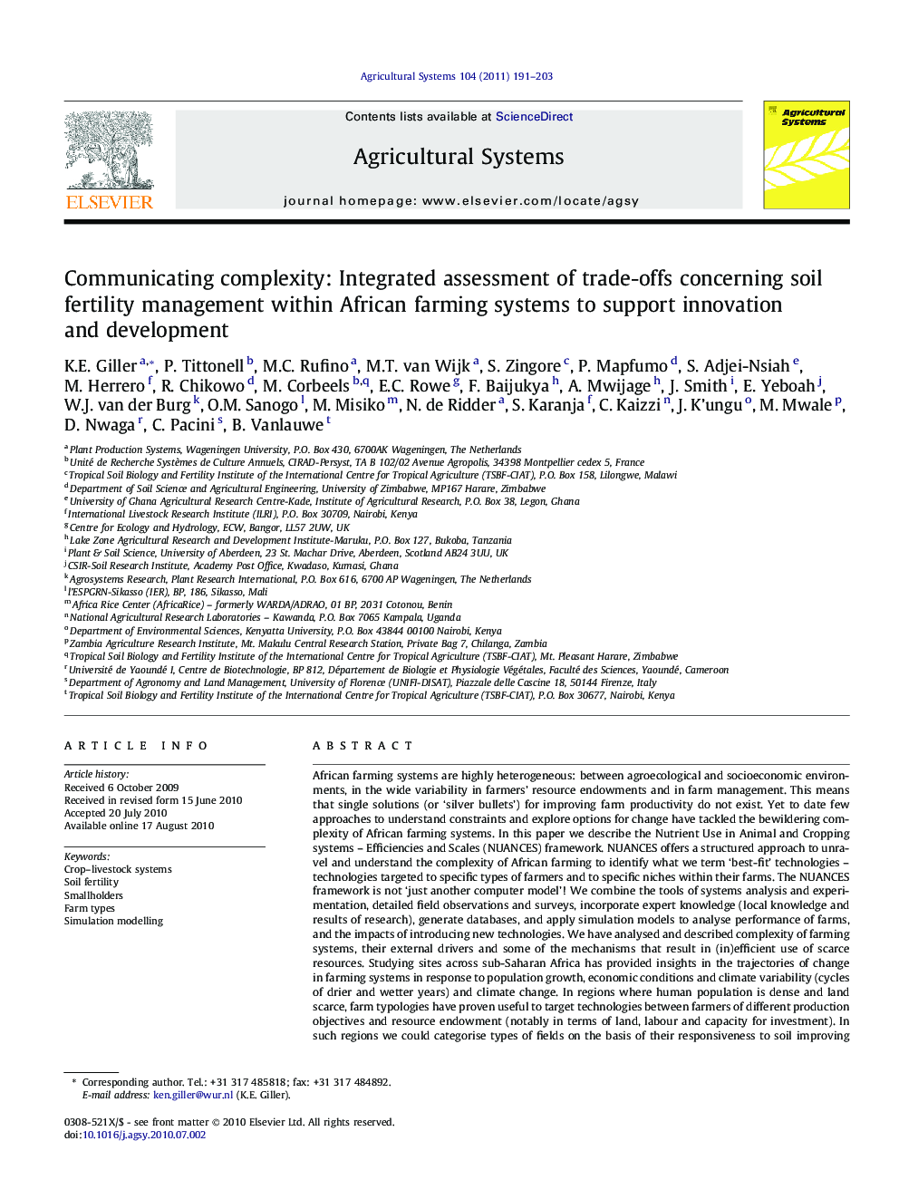 Communicating complexity: Integrated assessment of trade-offs concerning soil fertility management within African farming systems to support innovation and development