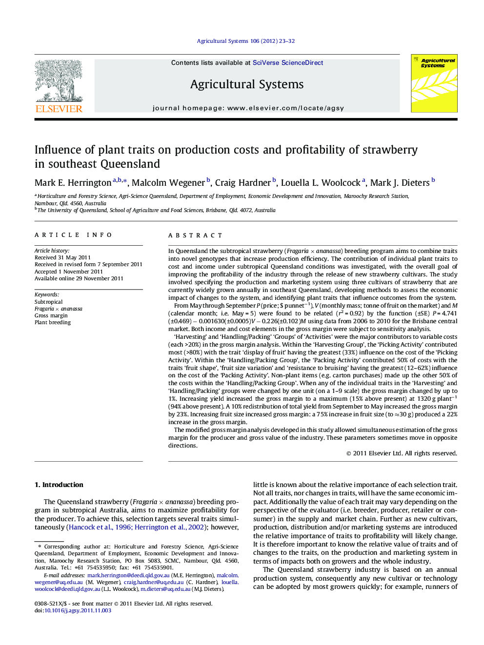 Influence of plant traits on production costs and profitability of strawberry in southeast Queensland