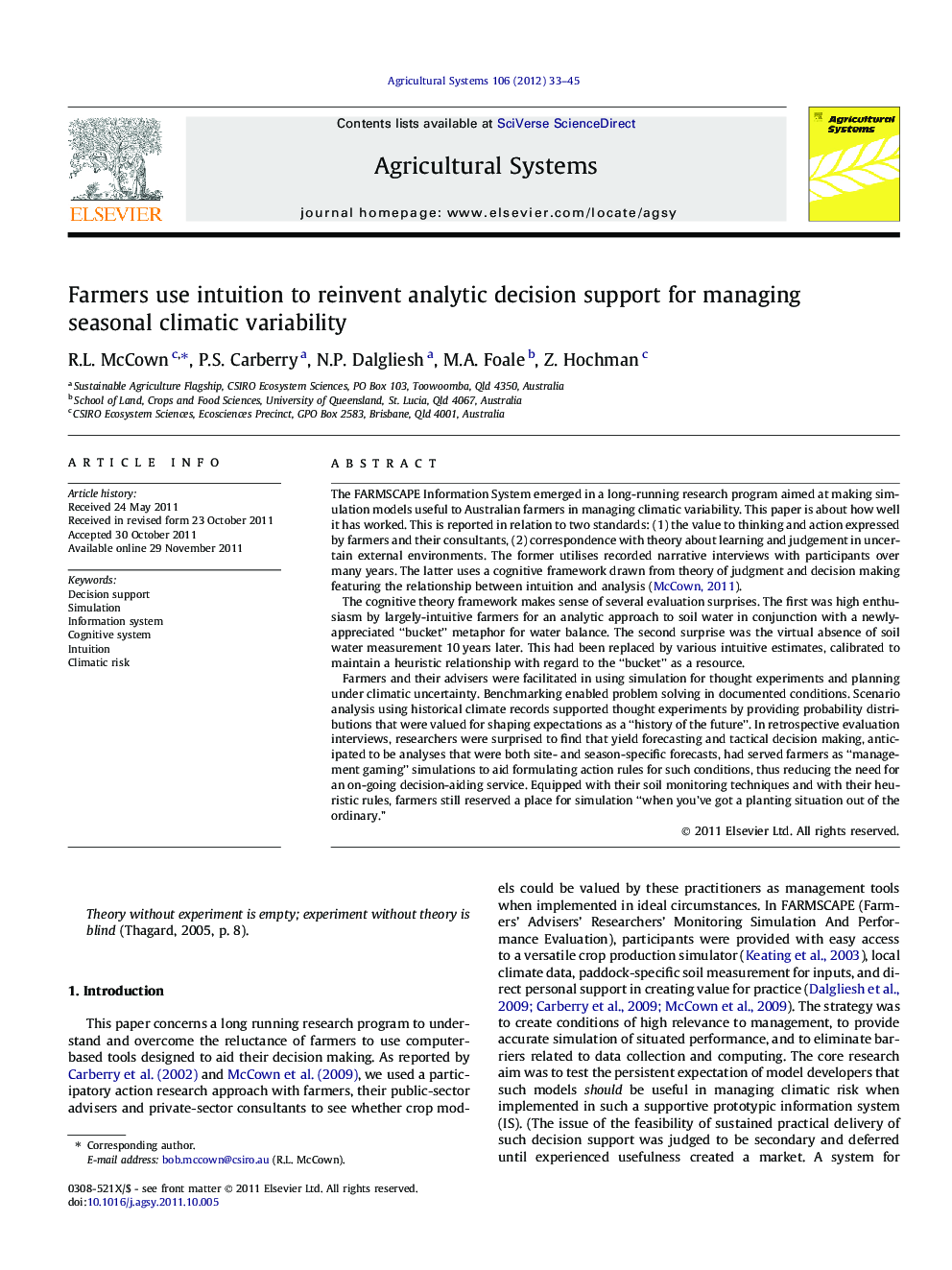 Farmers use intuition to reinvent analytic decision support for managing seasonal climatic variability