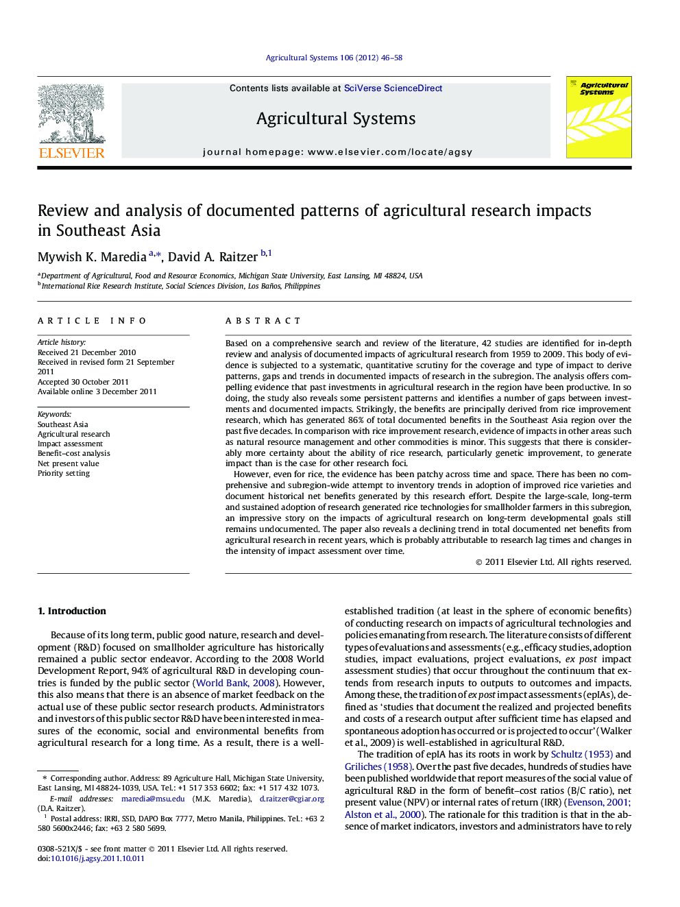 Review and analysis of documented patterns of agricultural research impacts in Southeast Asia