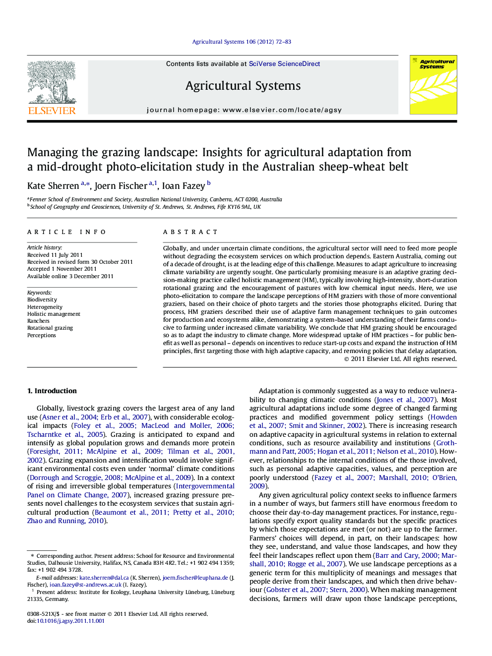 Managing the grazing landscape: Insights for agricultural adaptation from a mid-drought photo-elicitation study in the Australian sheep-wheat belt