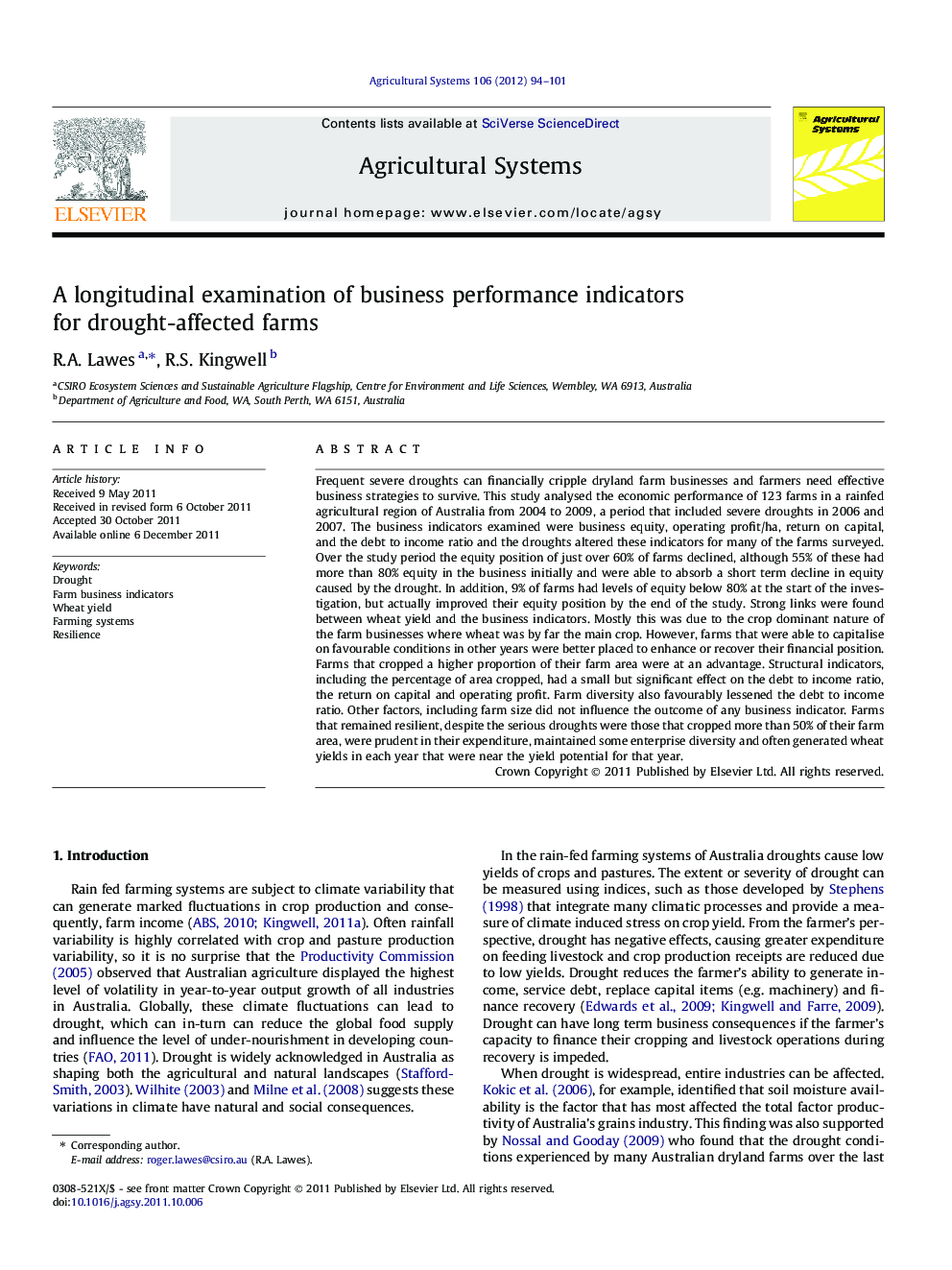 A longitudinal examination of business performance indicators for drought-affected farms