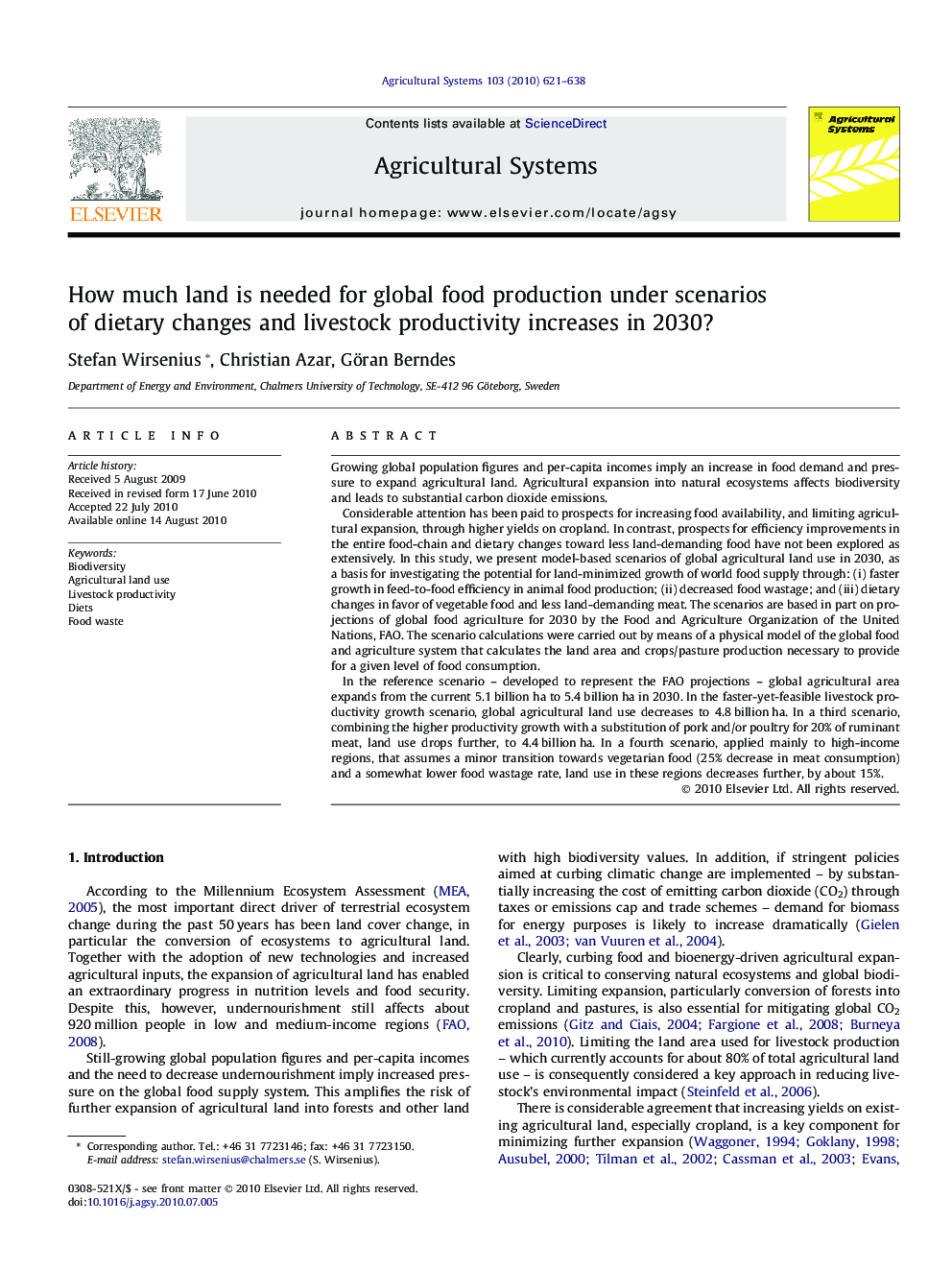 How much land is needed for global food production under scenarios of dietary changes and livestock productivity increases in 2030?