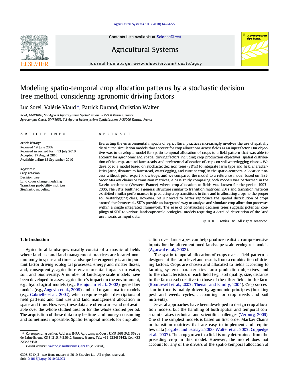 Modeling spatio-temporal crop allocation patterns by a stochastic decision tree method, considering agronomic driving factors