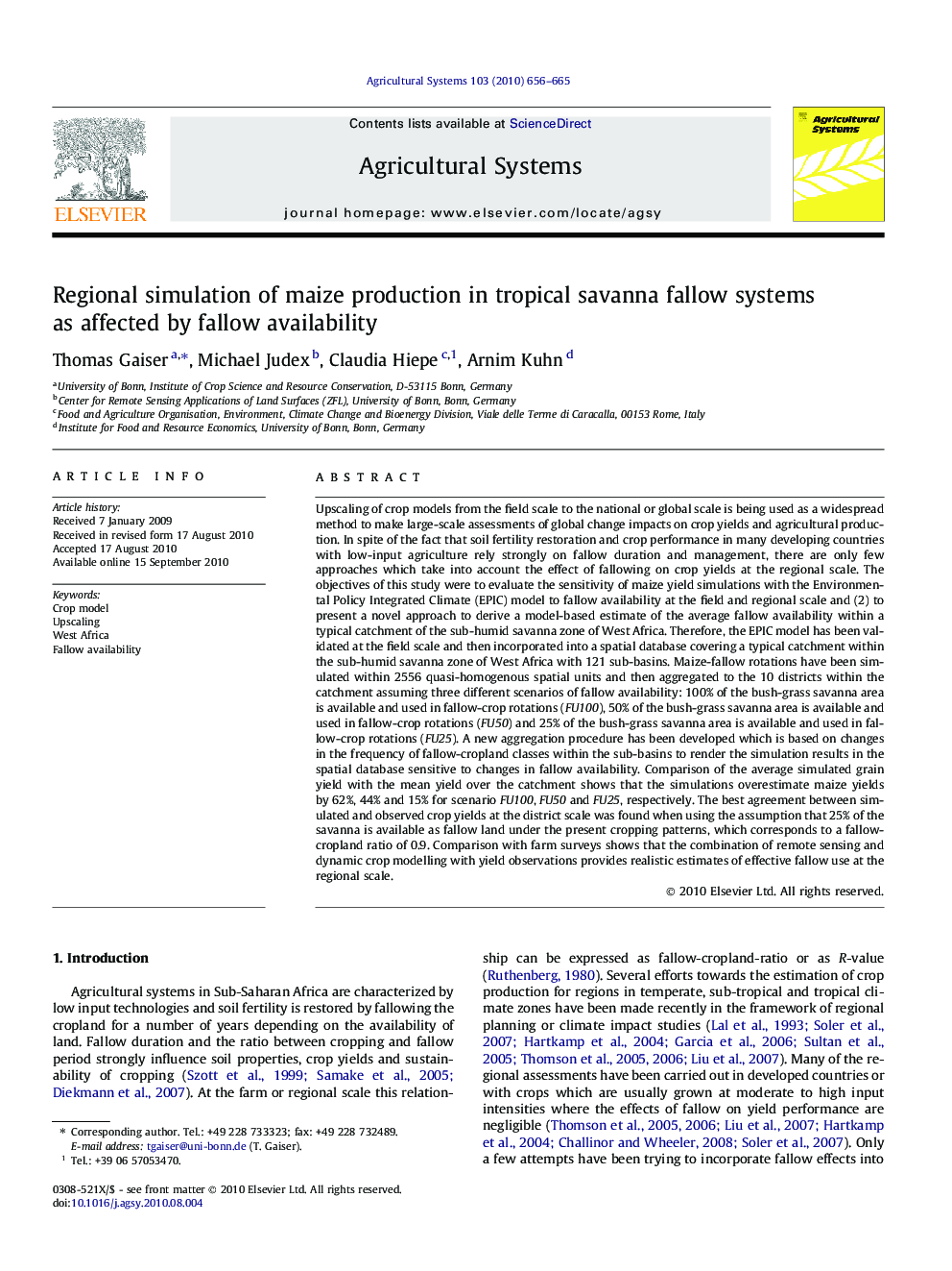 Regional simulation of maize production in tropical savanna fallow systems as affected by fallow availability