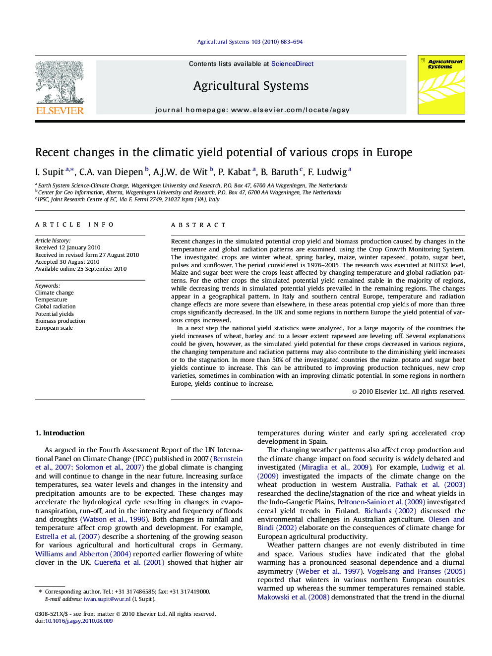 Recent changes in the climatic yield potential of various crops in Europe