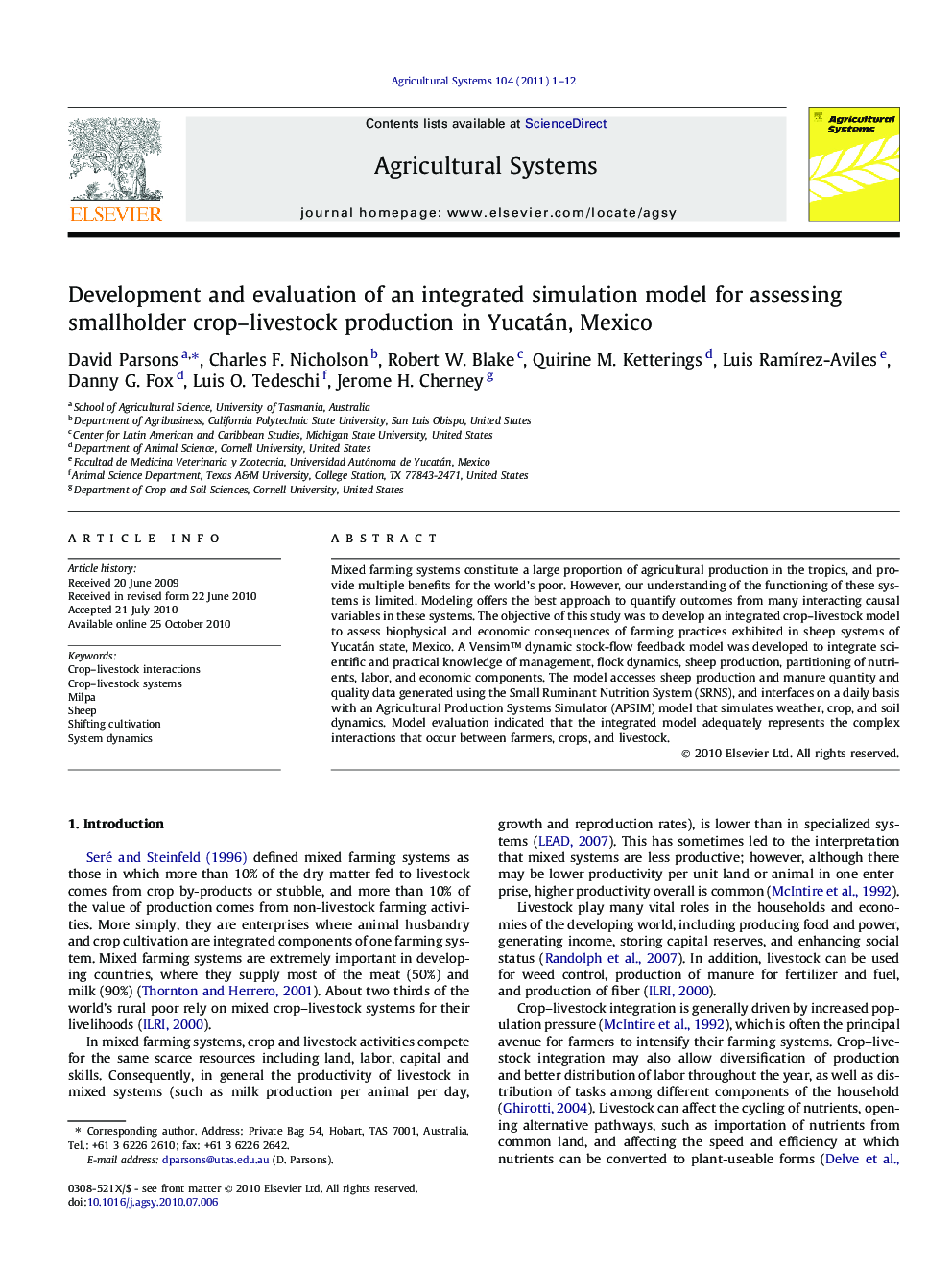 Development and evaluation of an integrated simulation model for assessing smallholder crop–livestock production in Yucatán, Mexico