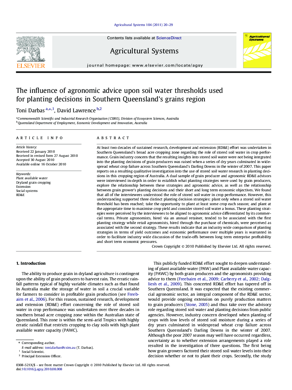 The influence of agronomic advice upon soil water thresholds used for planting decisions in Southern Queensland's grains region