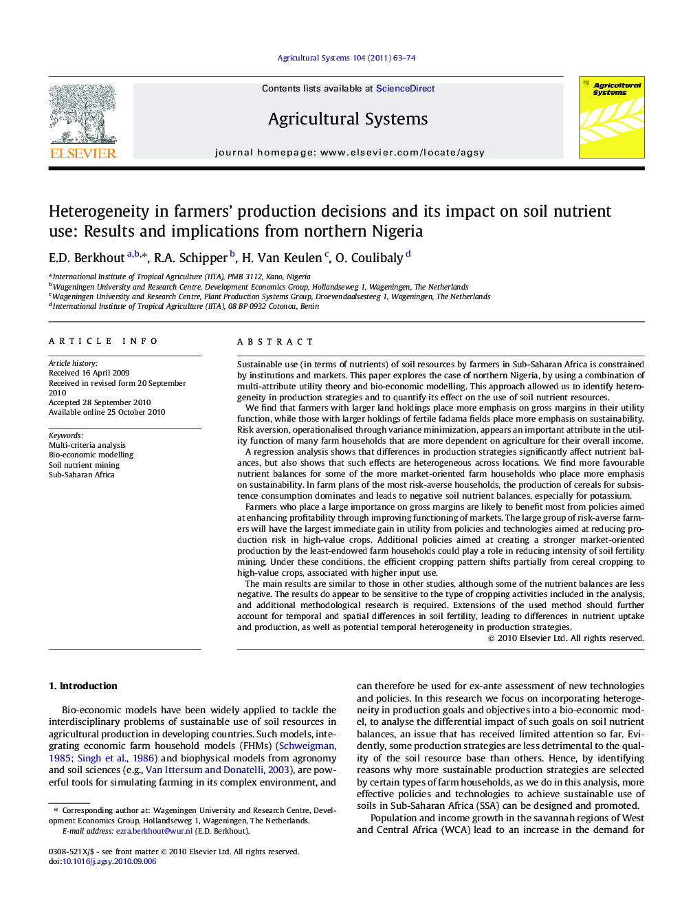 Heterogeneity in farmers’ production decisions and its impact on soil nutrient use: Results and implications from northern Nigeria