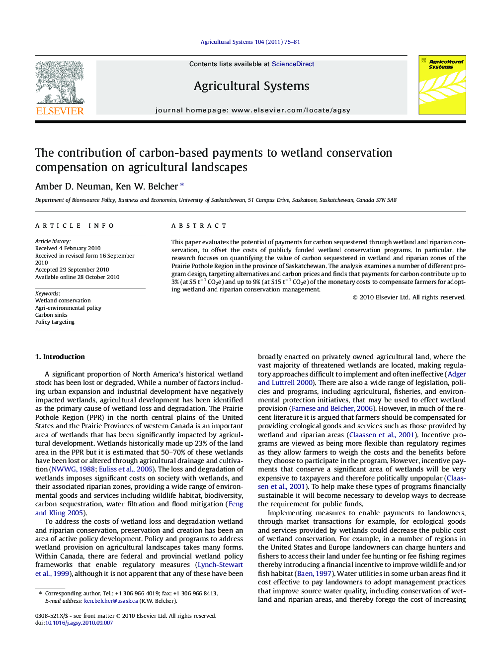 The contribution of carbon-based payments to wetland conservation compensation on agricultural landscapes