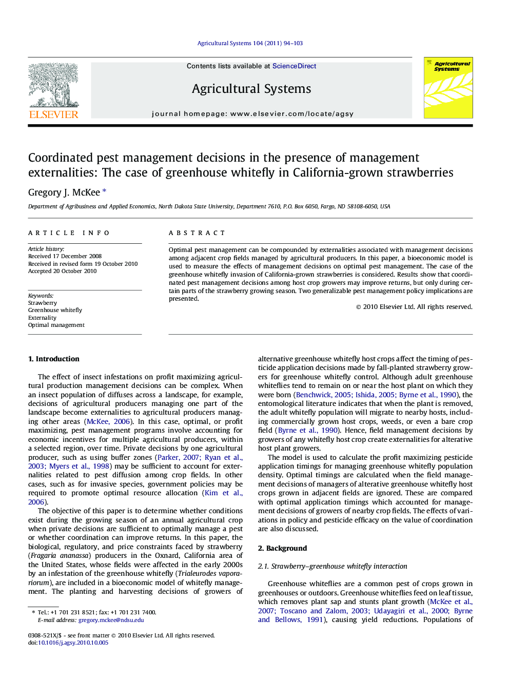 Coordinated pest management decisions in the presence of management externalities: The case of greenhouse whitefly in California-grown strawberries