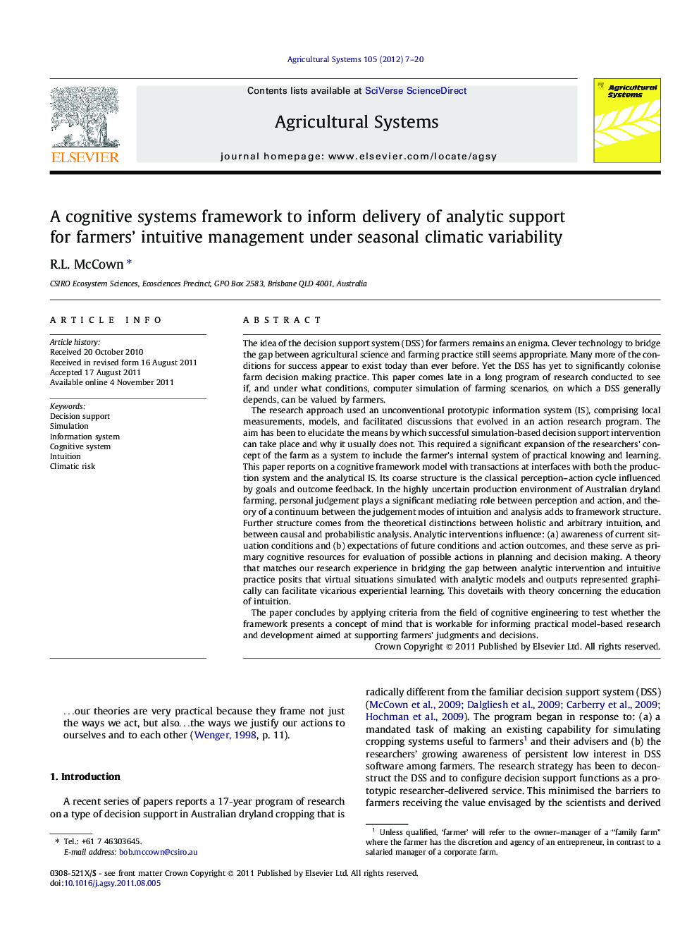 A cognitive systems framework to inform delivery of analytic support for farmers’ intuitive management under seasonal climatic variability