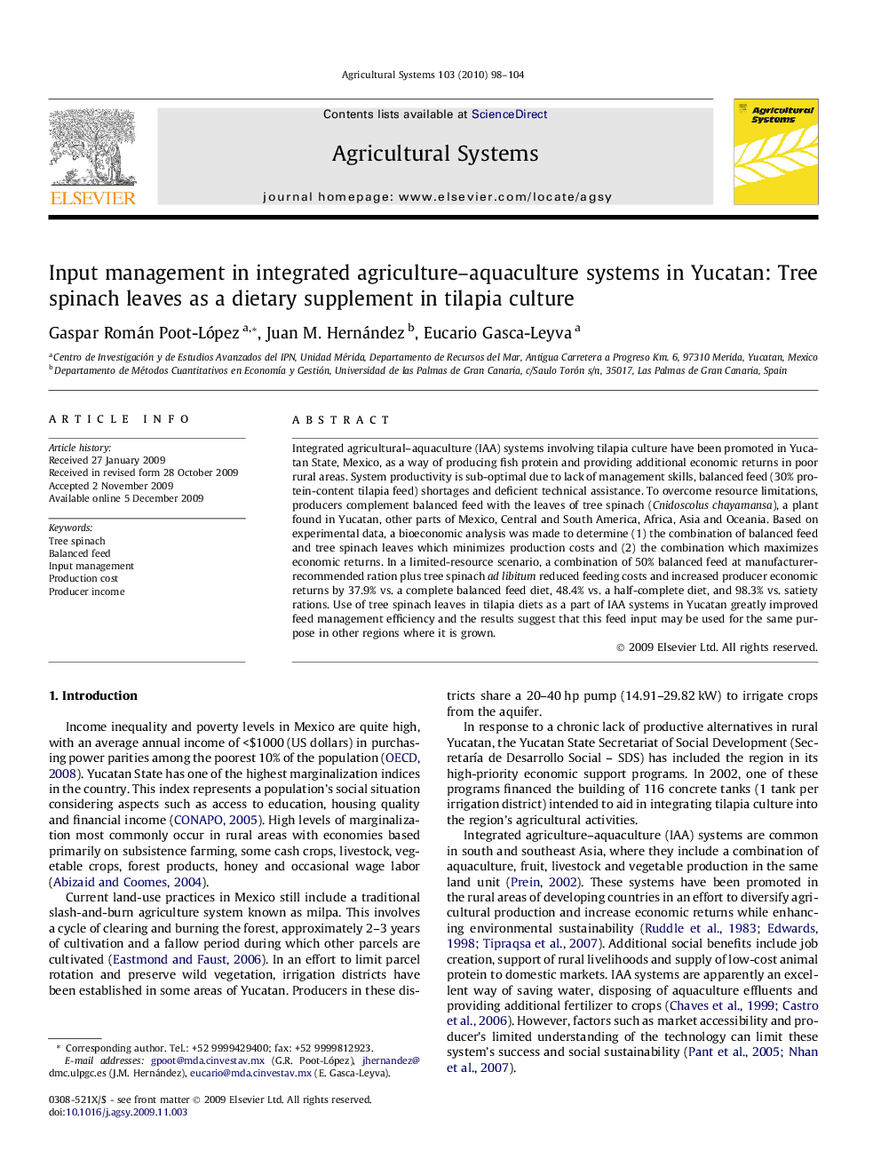 Input management in integrated agriculture–aquaculture systems in Yucatan: Tree spinach leaves as a dietary supplement in tilapia culture