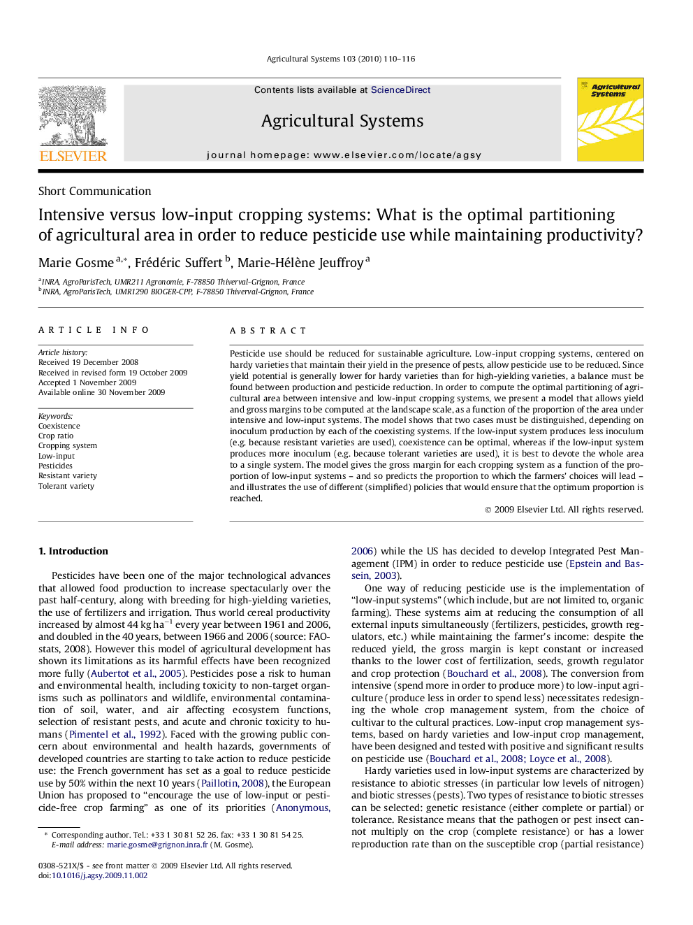 Intensive versus low-input cropping systems: What is the optimal partitioning of agricultural area in order to reduce pesticide use while maintaining productivity?