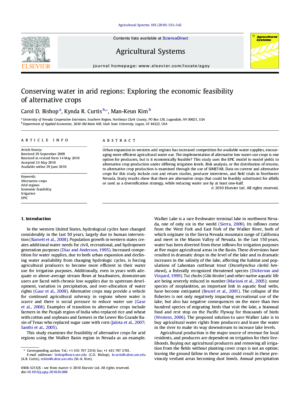 Conserving water in arid regions: Exploring the economic feasibility of alternative crops