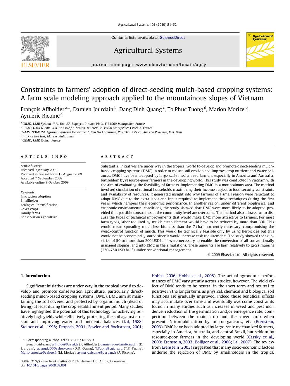 Constraints to farmers’ adoption of direct-seeding mulch-based cropping systems: A farm scale modeling approach applied to the mountainous slopes of Vietnam