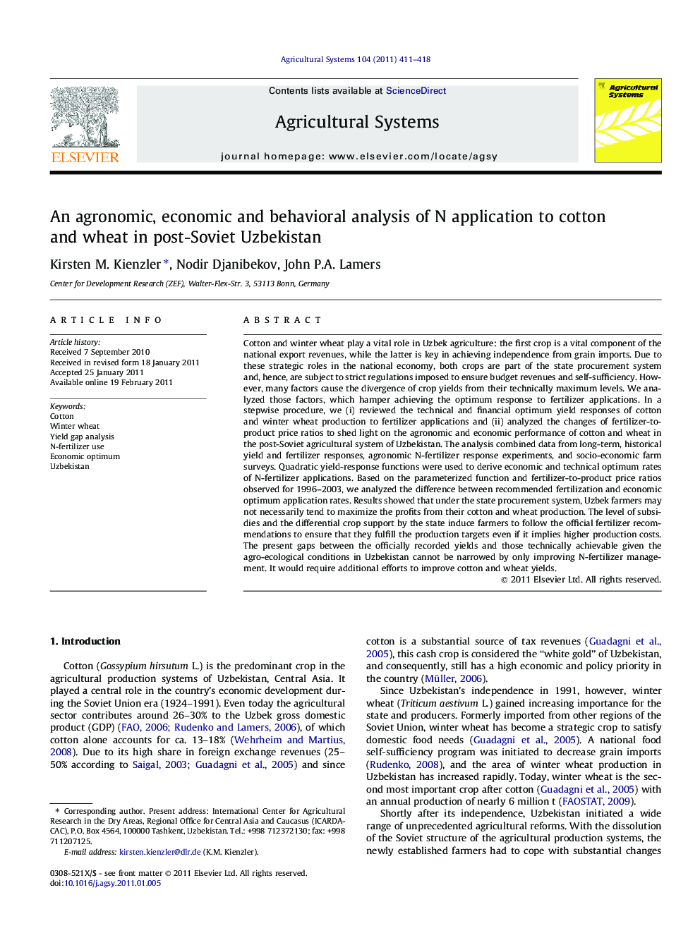 An agronomic, economic and behavioral analysis of N application to cotton and wheat in post-Soviet Uzbekistan